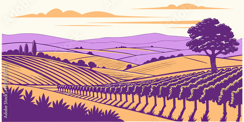 A purple and orange pixel art image of a vineyard at sunset Vector