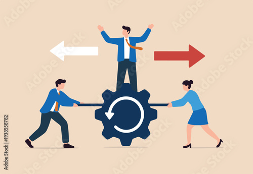  Change management, professional or expertise to manage company transformation or implement new process concept, business man staff team help turn gear cog to manage change direction arrows.