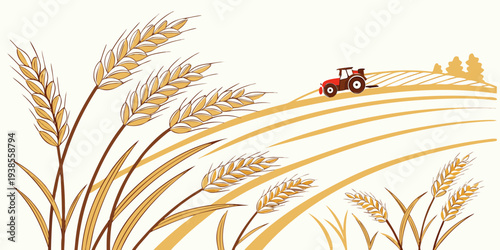 A tractor driving through a field of wheat Vector