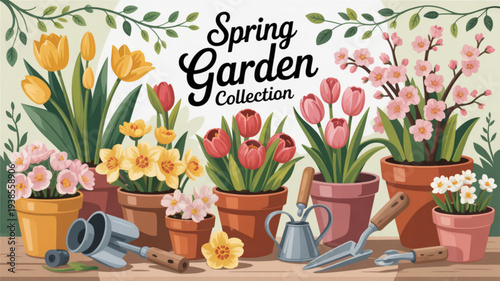 Vibrant spring garden collection with potted flowers and gardening tools on a wooden table outdoors