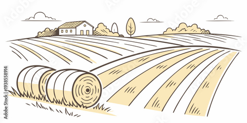 A rural landscape with a farm and hay bales Vector
