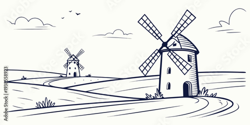 A black and white drawing of a windmill Vector