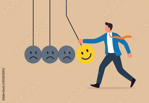 : Optimistic, happiness or positive thinking inspire other people happy, emotional intelligence or balance between happiness and sadness, man holding smile face pendulum ball to hit other sad faces.