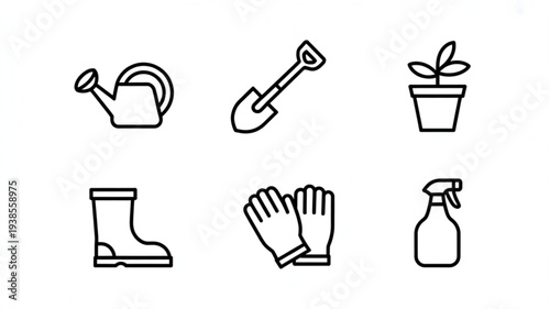 Gardening tools and accessories for plant care and maintenance including a watering can shovel gloves boots and sprayer