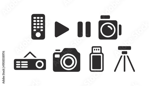 Photography and video production equipment solid icons for media content creation tools