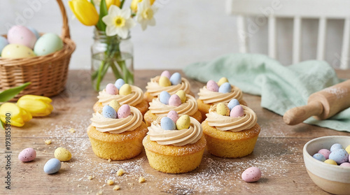 Classic Vanilla Cupcakes with Caramel Frosting and Mini Speckled Eggs — A Charming Easter Treat on a Rustic Table
