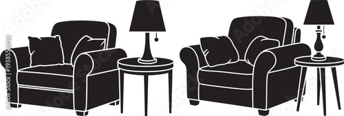 Solid Black Silhouette Icons of Cozy Living Room Armchairs with Side Tables and Lamps, Symbolizing Comfort, Home, and Interior Design.