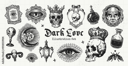 Dark Love Gothic Engraving Illustration Set with Skull, Crown, All Seeing Eye and Celestial Symbols
