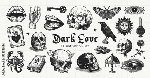 Dark Love Gothic Engraving Illustration Set with Skulls, Occult Symbols and Vintage Tattoo Elements