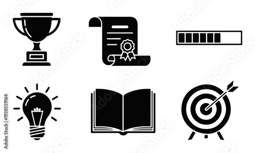 Set of 6 Minimalist Black Vector Icons Representing Achievement, Education, and Success Concepts