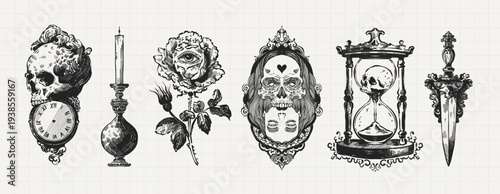 Dark Love Gothic Vintage Engraving Set with Skull Mirror, Hourglass, Candle and Rose