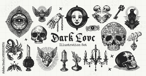 Dark Love Gothic Engraving Illustration Set with Skulls, All Seeing Eye, Raven and Occult Symbols