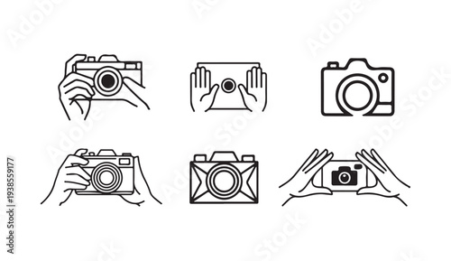 Camera and photography icons set, hand drawn vector illustration of cameras