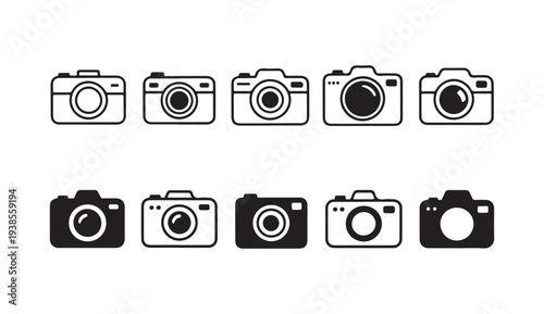 Digital photo camera icon collection with various styles of line and solid vector shapes
