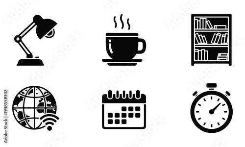 Collection of Work Study Productivity Vector Icons. Desk Lamp, Coffee Cup, Bookshelf, Globe, Calendar, Stopwatch.