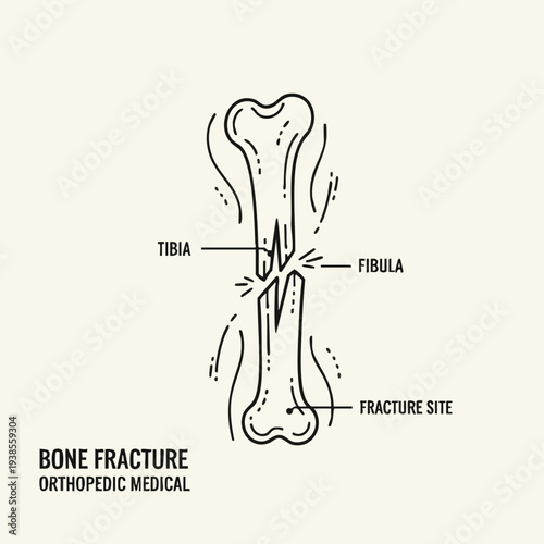 Detailed anatomical illustration of a bone fracture site showing the tibia and fibula in a medical diagram from an orthopedic viewpoint