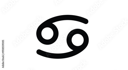 A simple black line drawing depicts the zodiac sign cancer on white