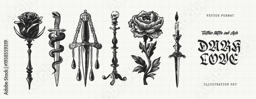 Dark Love Gothic Tattoo Engraving Set with Rose, Serpent Dagger and Ornamental Blades