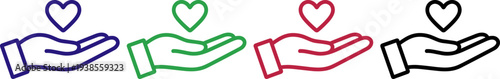 Hand holding heart icon in four colors representing care charity love donation and support