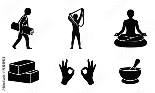 Collection of Black Yoga and Wellness Vector Icons with Meditation, Mat, Blocks, and Mudra Hands