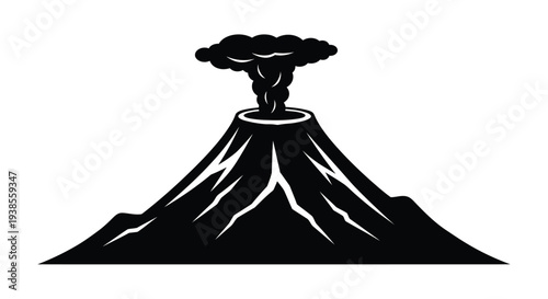 A stylized black and white illustration of a volcanic eruption