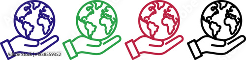 Hand holding planet earth icon in blue green red black colors on transparent background