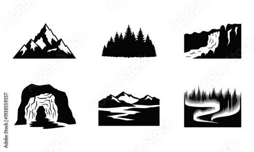Set of Black Silhouette Vector Nature Landscape Icons: Mountains, Forest, Waterfall, Cave, Lake, and Aurora