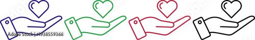 Hand holding heart icons charity love care giving support diverse colors outline graphics