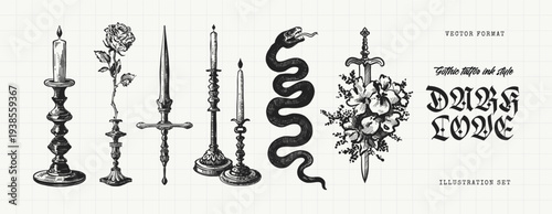 Dark Love Gothic Tattoo Engraving Set with Serpent, Dagger, Candles and Rose