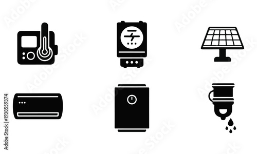 Set of 6 Black Glyph Icons for Home Climate Control, Water Heating, and Solar Energy