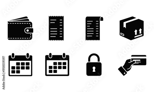 Modern Black Business, Finance, and Shopping Vector Icon Set with Wallet, Receipt, Calendar, Package, Lock, and Credit Card