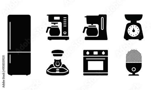 Collection of Black Kitchen Appliance Icons Set. Modern Vector Illustration
