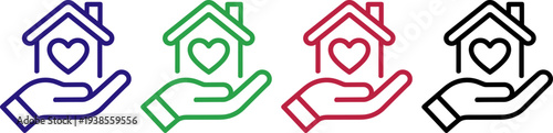 Hands holding house with heart icon, symbol for home care and family support, multiple colors