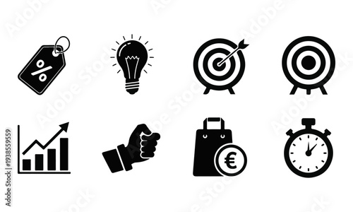 Set of 8 Business Marketing Vector Icons. Sales, Idea, Target, Growth, E-commerce, Time Symbols Isolated.