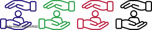 Hands holding person icons, representing protection, safety, and guidance in diverse hues