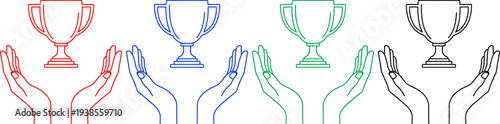Hands holding trophy cup, symbol of success, achievement and victory