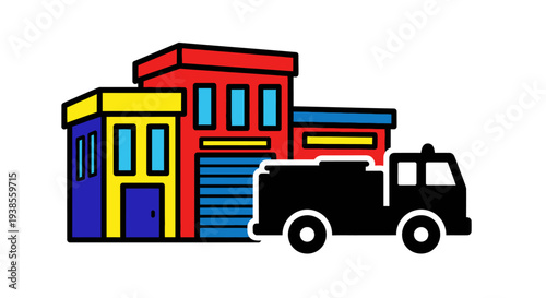 Colorful cartoon truck in front building.