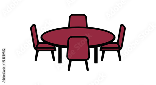 Red chairs around a table.