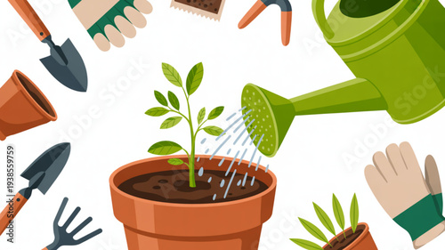 Gardening tools and hands nurturing a young plant in a terracotta pot with watering can