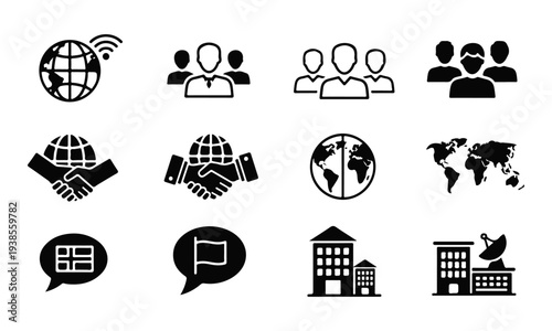 Set of Black Vector Icons for Global Business, Communication, Teamwork, and Corporate Buildings