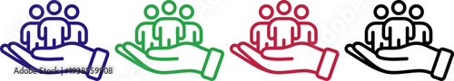 Helping hand and people icon, representing teamwork support and community care, multiple colors