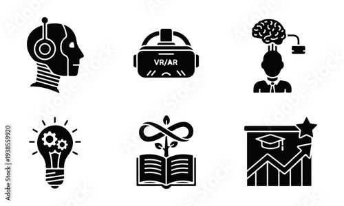 Set of Black Vector Icons for AI, VR, Education, Innovation, and Growth