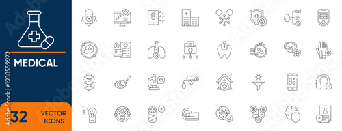Medical Icon Set. Containing Healthcare, Medicine, Doctors, Hospital, Clinic, Health and more. Editable vector Line icons collection.