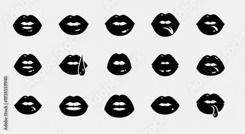 Collection of Black Lips Icons with Droplets.