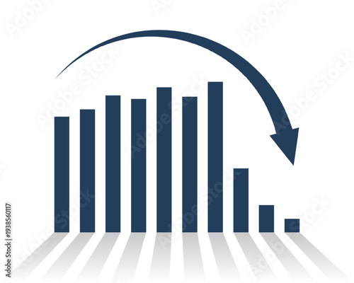 Economic crisis illustration with rising bar chart followed by sharp decline and downward arrow