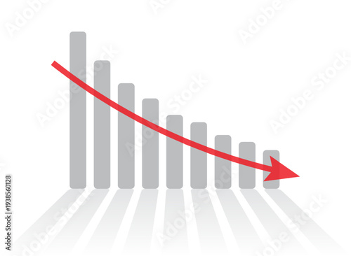 Business crisis bar chart with arrow above showing fall. Economic problem