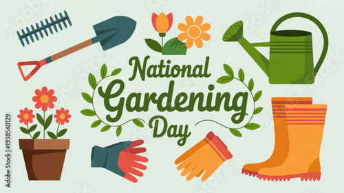 National gardening day illustration with gardening tools and flowers