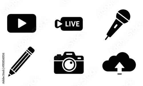 Minimalist Black Vector Icons Set for Content Creation: Play, Live Stream, Microphone, Camera, Edit, Upload