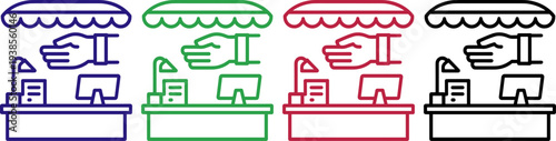 Market stall icon with hand and products in blue green red black colors on transparent background