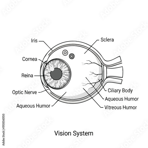 Detailed anatomical diagram illustrating the human eye anatomy from a frontal perspective showcasing various components.